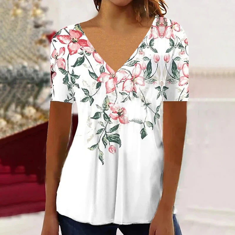 2023 New Women's V-Neck Printed Flower Pattern Short-Sleeve T-Shirt Summer Casual Breathable Refreshing Y2K Top Trend T-Shirt