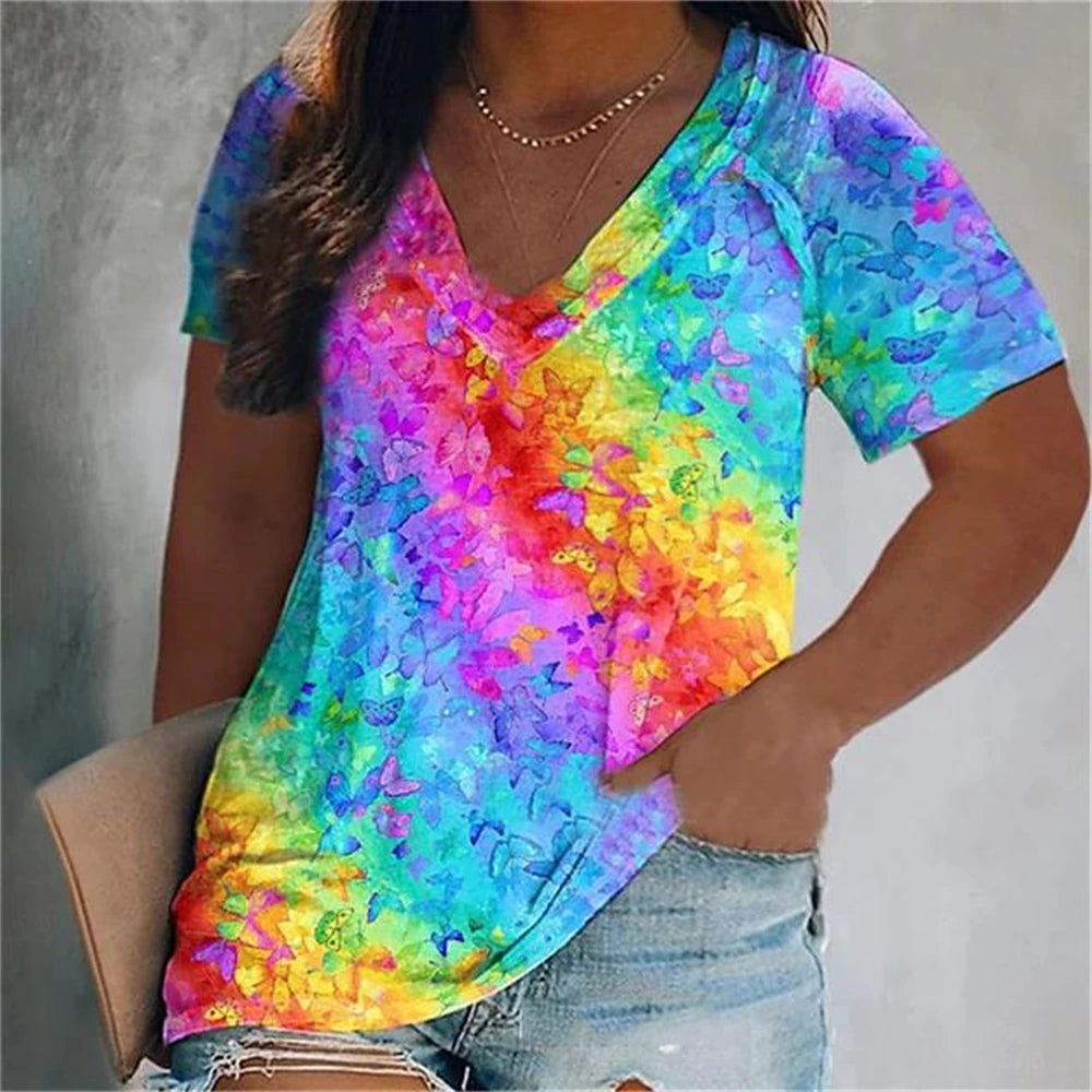 Women's Luxury T Shirts 3d Butterfly Print Short Sleeve V-neck Tops Tees Summer Fashion Casual Gradient Girls Oversized Pullover