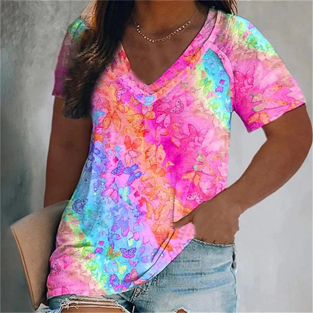 Women's Luxury T Shirts 3d Butterfly Print Short Sleeve V-neck Tops Tees Summer Fashion Casual Gradient Girls Oversized Pullover