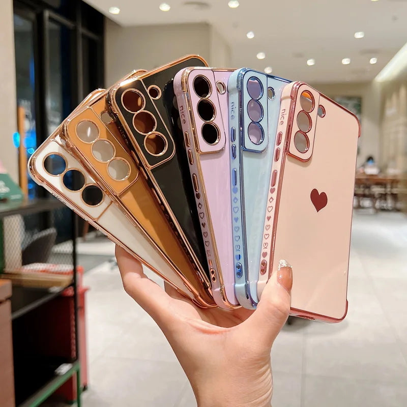 Luxury Plating Case For Samsung Galaxy S24 S22 S23 Ultra S21 S20 S23 FE A52 A53 A13 A54 A14 Love Heart Side Pattern Phone Cover