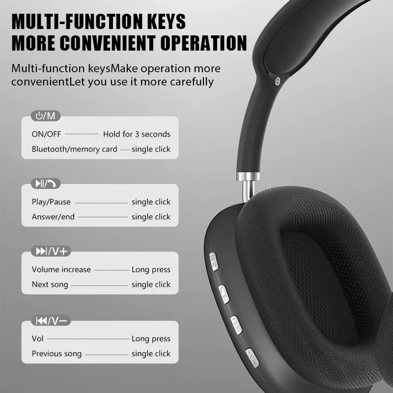 New P9 Wireless Bluetooth Headphones Noise Cancelling with Microphone Pods Over Ear Sports Gaming Headset for Apple iPhone