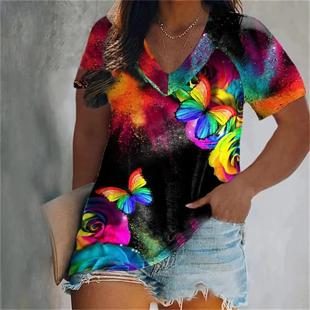 Women's Luxury T Shirts 3d Butterfly Print Short Sleeve V-neck Tops Tees Summer Fashion Casual Gradient Girls Oversized Pullover