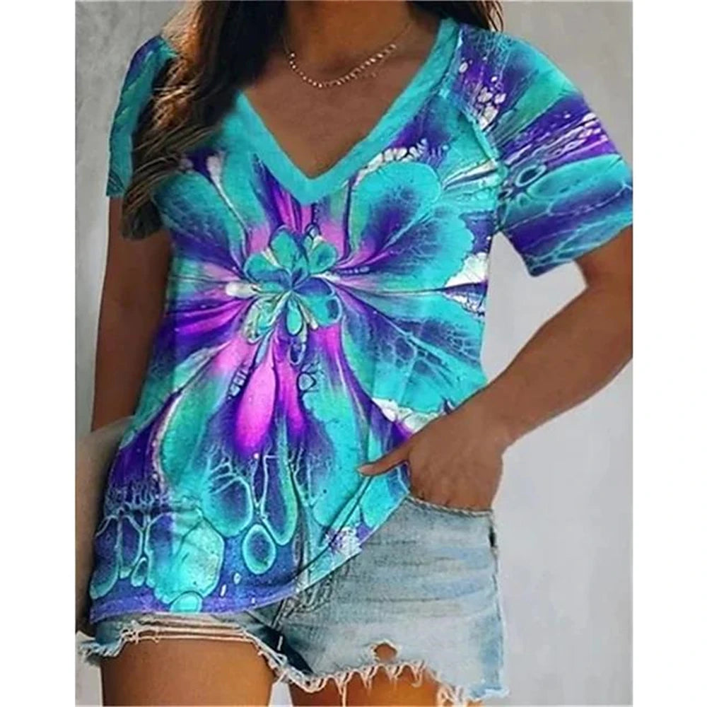 Women's Luxury T Shirts 3d Butterfly Print Short Sleeve V-neck Tops Tees Summer Fashion Casual Gradient Girls Oversized Pullover