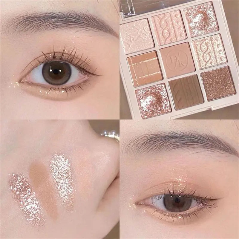 DIKALU New Nine-color Eyeshadow Palette Rose Pink Color Pearly Matte Glitter Eyeshadow Shiny Eye Shadow Long-lasting Eye Makeup