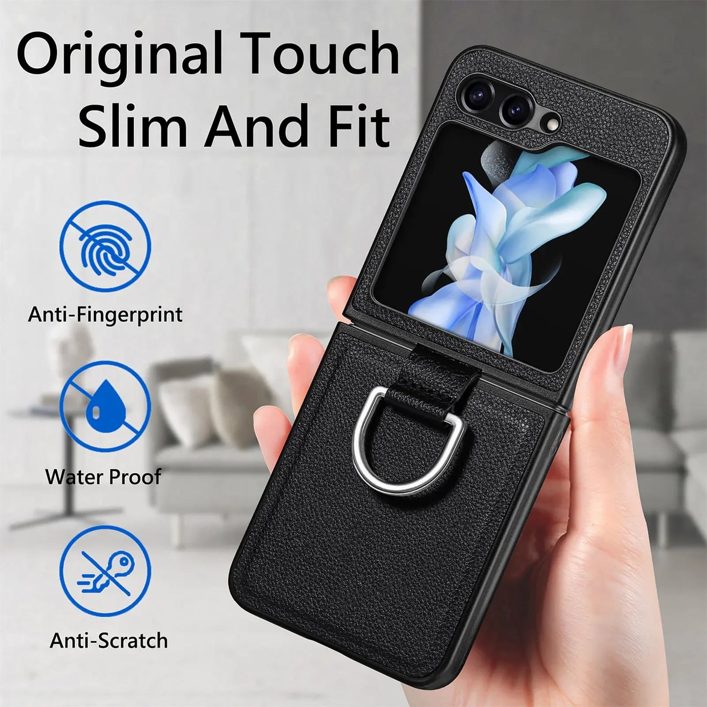 Fall Protection Ring Holder Leather Case for Samsung Galaxy Z Flip 4 5 Flip5 Flip4 Flip3 Flip 3 5G Zflip4 Non-Fingerprint Cover