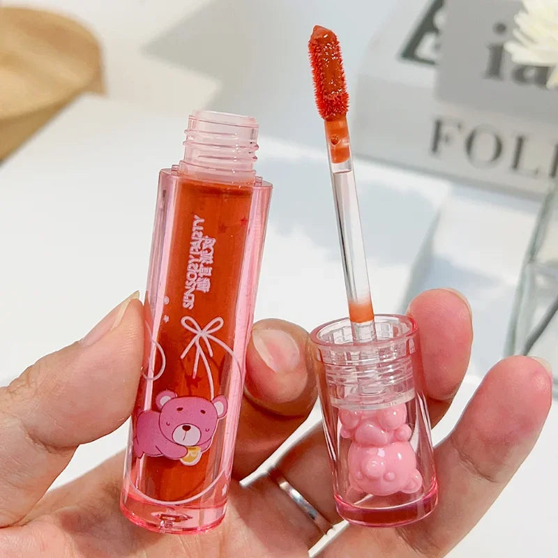 Cute Pink Bear Water Light Lip Gloss Lasting Crystal Glossy  Lip Glaze Mirror Nude Liquid Lipstick Women Lips Makeup Cosmetics