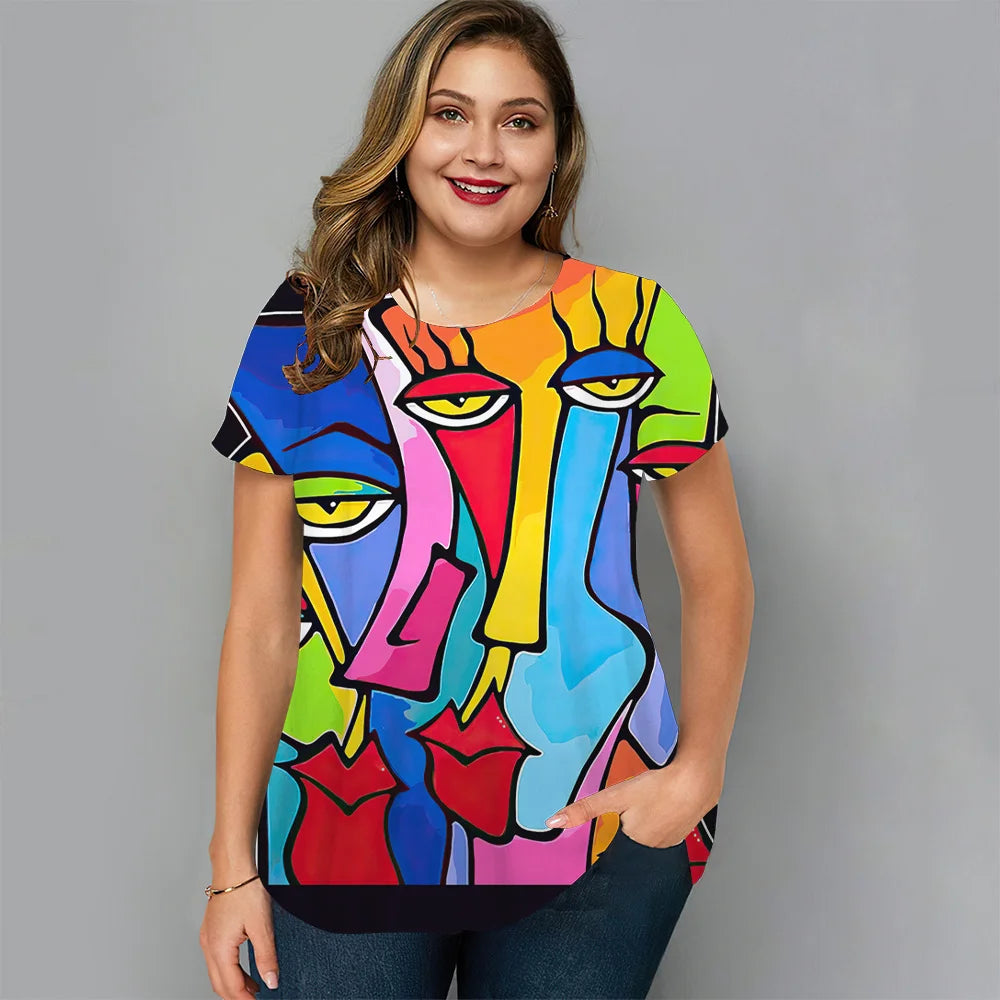 Summer Women's T-Shirts Oversized Tops Artistic Face Graphic Loose Streetwear O-Neck Clothing Short Sleeves Ladies Shirts Tees