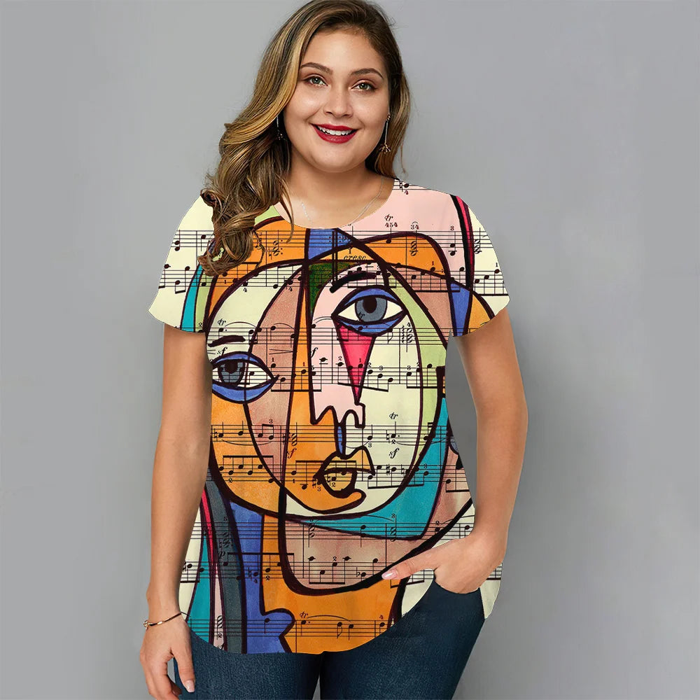 Summer Women's T-Shirts Oversized Tops Artistic Face Graphic Loose Streetwear O-Neck Clothing Short Sleeves Ladies Shirts Tees