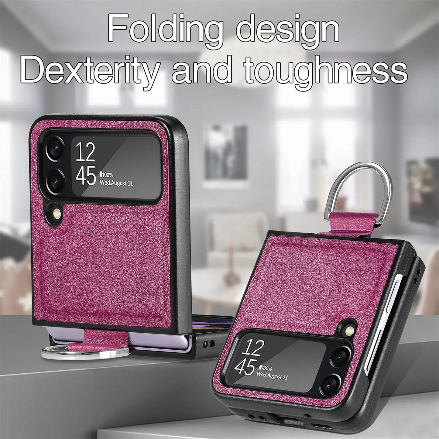 Fall Protection Ring Holder Leather Case for Samsung Galaxy Z Flip 4 5 Flip5 Flip4 Flip3 Flip 3 5G Zflip4 Non-Fingerprint Cover