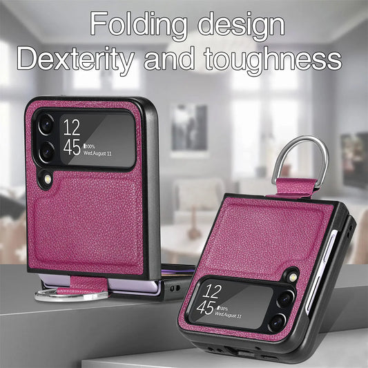 Fall Protection Ring Holder Leather Case for Samsung Galaxy Z Flip 4 5 Flip5 Flip4 Flip3 Flip 3 5G Zflip4 Non-Fingerprint Cover